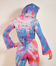 Load image into Gallery viewer, Emma's Emporium cotton lycra tie dye summer top, super colourful hippie tie dye hooded pixie top, ideal for festival days and all night raves. Available to buy online from Emma's Emporium.