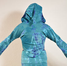 Load image into Gallery viewer, Emma&#39;s Emporium cotton lycra tie dye summer top, super colourful hippie tie dye hooded pixie top, ideal for festival days and all night raves. Available to buy online from Emma&#39;s Emporium.
