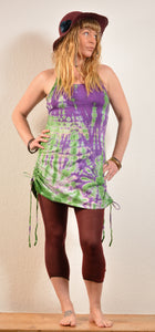 Emma's Emporium cotton lycra tie dye summer dress, super colourful hippie tie dye asymmetric drawstring beach dress, ideal for festival days and all night raves. Available to buy online from Emma's Emporium.