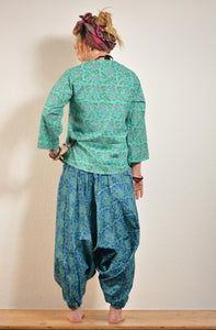 Buy now online, Emma's Emporium floral Genie Harem trousers, lightweight cotton loose fit trousers in beautiful Indian floral print. Buy now from Emma's Emporium online store, ethical alternative women's fashion; hippie festival clothing and accessories, ethically sourced from India and South America. Shop online or find us at a festival. All clothing and products available for UK wholesale.