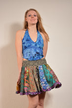 Load image into Gallery viewer, Emma's Emporium online! Shop our new collection now. Recycled sari patchwork mini skirt, with elastic waist and frill edging. Each skirt is unique, made from a mix of colourful patterned sari scraps - this is a zero waste skirt!