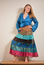 Load image into Gallery viewer, Emma's Emporium recycled sari silk skirt.
Buy online now. Emma's Emporium recycled sari silk skirt. Colourful maxi skirt. Shop Emma's Emporium ethical slow fashion, Women's hippie hippy clothing.