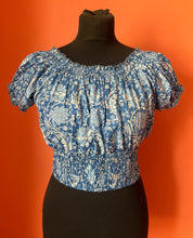 Load image into Gallery viewer, Buy now online from Emma's Emporium, slow ethical women's fashion. Blue paisley print cotton sun tops. Emma' sEmporium, slow ethical festival fashion, in hippie and boho styles.