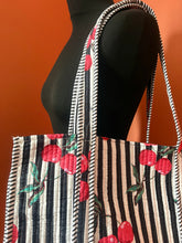 Load image into Gallery viewer, Buy now online! Emma's Emporium cherry print shoulder bag, beach bag, holiday bag, handbag. Quilted cotton bags.