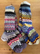 Load image into Gallery viewer, Buy now online from Emma&#39;s Emporium! Handknitted pure wool strip patterned winter slipper socks, super warm, perfect gift!
