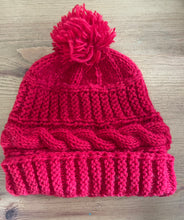 Load image into Gallery viewer, Buy now online from Emma's Emporium, Colourful Nepalese cable knit Pompom Bobble Hat! Keep your head warm this winter! Pure wool hand knitted hats in vibrant bold colours. Made for Emma's Emporium with love by our friends in Kathmandu.
