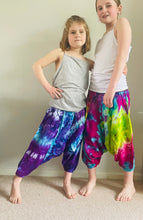 Load image into Gallery viewer, Emma's Emporium Tie dye vibrant colourful children's unisex comfy loose fit harem genie Alibaba afghani trousers for ages 1 year to 10 years, for toddlers and young children. Emma's Emporium online slow ethical alternative festival fashion.