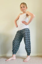 Load image into Gallery viewer, Emma's Emporium peacock print cotton colourful children's unisex comfy loose fit harem genie Alibaba afghani trousers for ages 1 year to 10 years, for toddlers and young children. Emma's Emporium online slow ethical alternative festival fashion.