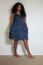 Load image into Gallery viewer, Shop Emma's Emporium buy online! Emma's Emporium knee length print cotton dress, featuring unique whale print on navy cotton, with natural coconut buttons and side pockets. Emma's Emporium ethical slow fashion, fair trade, women's clothing, hippie hippy boho festival dress.