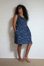 Load image into Gallery viewer, Shop Emma's Emporium buy online! Emma's Emporium knee length print cotton dress, featuring unique whale print on navy cotton, with natural coconut buttons and side pockets. Emma's Emporium ethical slow fashion, fair trade, women's clothing, hippie hippy boho festival dress.