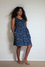 Load image into Gallery viewer, Shop Emma's Emporium buy online! Emma's Emporium knee length print cotton dress, featuring unique whale print on navy cotton, with natural coconut buttons and side pockets. Emma's Emporium ethical slow fashion, fair trade, women's clothing, hippie hippy boho festival dress.