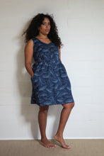 Load image into Gallery viewer, Shop Emma's Emporium buy online! Emma's Emporium knee length print cotton dress, featuring unique whale print on navy cotton, with natural coconut buttons and side pockets. Emma's Emporium ethical slow fashion, fair trade, women's clothing, hippie hippy boho festival dress.