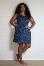 Load image into Gallery viewer, Shop Emma's Emporium buy online! Emma's Emporium knee length print cotton dress, featuring unique whale print on navy cotton, with natural coconut buttons and side pockets. Emma's Emporium ethical slow fashion, fair trade, women's clothing, hippie hippy boho festival dress.