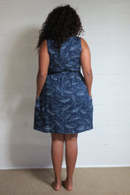 Load image into Gallery viewer, Shop Emma's Emporium buy online! Emma's Emporium knee length print cotton dress, featuring unique whale print on navy cotton, with natural coconut buttons and side pockets. Emma's Emporium ethical slow fashion, fair trade, women's clothing, hippie hippy boho festival dress.