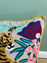 Load image into Gallery viewer, New in stock at Emma's Emporium. Mexican folk art inspired colourful tiger and flower embroidered cushion cover, extra large size; unusual design the perfect addition to any boho or eclectic home. Buy online now from Emma's Emporium bohemian and hippy home wares and clothing.