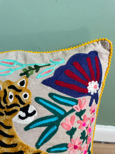 New in stock at Emma's Emporium. Mexican folk art inspired colourful tiger and flower embroidered cushion cover, extra large size; unusual design the perfect addition to any boho or eclectic home. Buy online now from Emma's Emporium bohemian and hippy home wares and clothing.