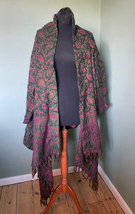 Available to buy online now! Cosy & Warm, Emma's Emporium Autumn Winter wrap blanket cardigan in paisley fleece, machine washable vegan wool.