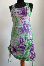 Load image into Gallery viewer, Emma's Emporium cotton lycra tie dye summer dress, super colourful hippie tie dye asymmetric drawstring beach dress, ideal for festival days and all night raves. Available to buy online from Emma's Emporium.