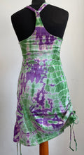 Load image into Gallery viewer, Emma&#39;s Emporium cotton lycra tie dye summer dress, super colourful hippie tie dye asymmetric drawstring beach dress, ideal for festival days and all night raves. Available to buy online from Emma&#39;s Emporium.
