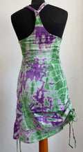 Load image into Gallery viewer, Emma's Emporium cotton lycra tie dye summer dress, super colourful hippie tie dye asymmetric drawstring beach dress, ideal for festival days and all night raves. Available to buy online from Emma's Emporium.