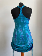 Load image into Gallery viewer, Emma's Emporium cotton lycra tie dye summer dress, super colourful hippie tie dye asymmetric drawstring beach dress, ideal for festival days and all night raves. Available to buy online from Emma's Emporium.
