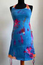 Load image into Gallery viewer, Emma&#39;s Emporium cotton lycra tie dye summer dress, super colourful hippie tie dye asymmetric drawstring beach dress, ideal for festival days and all night raves. Available to buy online from Emma&#39;s Emporium.
