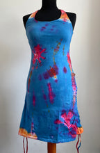 Load image into Gallery viewer, Emma's Emporium cotton lycra tie dye summer dress, super colourful hippie tie dye asymmetric drawstring beach dress, ideal for festival days and all night raves. Available to buy online from Emma's Emporium.