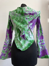 Load image into Gallery viewer, Emma's Emporium cotton lycra tie dye summer top, super colourful hippie tie dye hooded pixie top, ideal for festival days and all night raves. Available to buy online from Emma's Emporium.