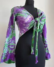 Load image into Gallery viewer, Emma's Emporium cotton lycra tie dye summer top, super colourful hippie tie dye hooded pixie top, ideal for festival days and all night raves. Available to buy online from Emma's Emporium.