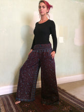 Load image into Gallery viewer, New In! Palazzo Pants! Emma&#39;s Emporium fleece genie harem trousers, loose fit warm winter  hippy pants, made from machine washable vegan fleece, in bright flower or paisley design. Slow fashion, ethically sourced hippie festival hippy fashion.
