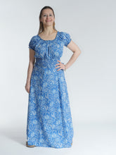 Load image into Gallery viewer, Buy now online from Emma's Emporium, slow ethical women's fashion. Blue paisley print cotton sun tops. Emma' sEmporium, slow ethical festival fashion, in hippie and boho styles.