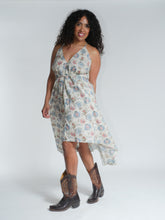 Load image into Gallery viewer, Buy now online, Emma's Emporium lurex cotton floral undress, one size fits all, hippie, boho Indian summer sun dress, women's clothing for festivals, parties and beach holiday.