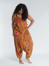 Load image into Gallery viewer, Buy now online from Emma's Emporium, loose fit low crotch baggy harem trouser pants, floral print cotton, mix patterns, comfy shirring elastic waistband, plus size. Hippie hippy harem alibaba afghani harem festival trouser pants. Emma's Emporium ethical slow fashion, fair trade, from the source, natural cotton.