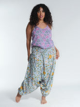 Load image into Gallery viewer, Buy now online from Emma's Emporium, loose fit low crotch baggy harem trouser pants, floral print cotton, mix patterns, comfy shirring elastic waistband, plus size. Hippie hippy harem alibaba afghani harem festival trouser pants. Emma's Emporium ethical slow fashion, fair trade, from the source, natural cotton.