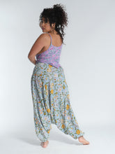 Load image into Gallery viewer, Buy now online from Emma's Emporium, loose fit low crotch baggy harem trouser pants, floral print cotton, mix patterns, comfy shirring elastic waistband, plus size. Hippie hippy harem alibaba afghani harem festival trouser pants. Emma's Emporium ethical slow fashion, fair trade, from the source, natural cotton.