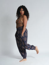 Load image into Gallery viewer, Buy now online! Emma's Emporium relax fit cotton harem genie baggy trouser pant. Floral block print cotton and mixed vibrant colours. Buy Emma's Emporium, slow fashion, ethically sourced, Indian cotton women's summer trouser. Hippie hippy festival alternative clothing.