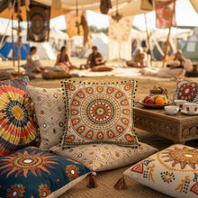 Load image into Gallery viewer, Buy now online from Emma's Emporium ethically sourced clothing and homewares. Hippie hippy boho pom pom cotton mandala cushion cover.