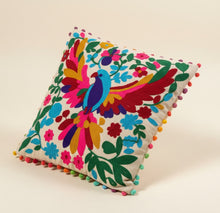 Load image into Gallery viewer, Buy now online, Emma's Emporium embroidered colourful bird design cushion cover, hippie boho home decor range, natural cotton.