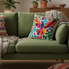 Load image into Gallery viewer, Buy now online, Emma's Emporium embroidered colourful bird design cushion cover, hippie boho home decor range, natural cotton.