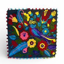 Load image into Gallery viewer, Buy now online, Emma's Emporium embroidered colourful bird design cushion cover, hippie boho home decor range, natural cotton.