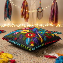 Load image into Gallery viewer, Buy now online, Emma's Emporium embroidered colourful bird design cushion cover, hippie boho home decor range, natural cotton.