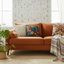 Load image into Gallery viewer, Buy now online, Emma's Emporium embroidered colourful bird design cushion cover, hippie boho home decor range, natural cotton.