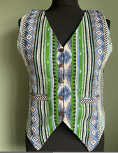 Load image into Gallery viewer, Buy now online from Emma's Emporium! Colourful geometric jacquard cotton unisex waistcoats, unique ethical hippy fashion!