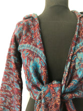Load image into Gallery viewer, Emma's Emporium ethical global fashion. boho style pixie wrap top. Crop top cardi in paisley pattern with hood and trumpet sleeves.