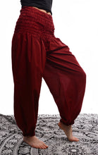 Load image into Gallery viewer, Buy online now from Emma's Emporium women clothing. Organic cotton genie harem trousers, fantastic unisex lightweight summer trousers for yoga, festivals, maternity