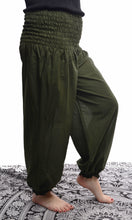 Load image into Gallery viewer, Buy online now from Emma's Emporium women clothing. Organic cotton genie harem trousers, fantastic unisex lightweight summer trousers for yoga, festivals, maternity