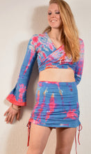 Load image into Gallery viewer, Emma&#39;s Emporium cotton lycra tie dye summer mini skirt, super colourful hippie tie dye asymmetric drawstring beach dress, ideal for festival days and all night raves. Available to buy online from Emma&#39;s Emporium.
