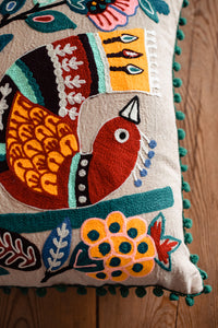 New in stock at Emma's Emporium. Mexican folk art inspired colourful bird and flower embroidered cushion cover, extra large size; unusual design the perfect addition to any boho or eclectic home. Buy online now from Emma's Emporium bohemian and hippy home wares and clothing.