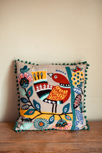 Load image into Gallery viewer, New in stock at Emma's Emporium. Mexican folk art inspired colourful bird and flower embroidered cushion cover, extra large size; unusual design the perfect addition to any boho or eclectic home. Buy online now from Emma's Emporium bohemian and hippy home wares and clothing.
