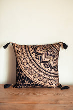 Load image into Gallery viewer, Mandala Printed Cushion Covers with tassel corners  Beautiful Indian mandala design cushion covers, printed in bold metallic Gold on Black, White or Navy background.  Size: 16” x 16” (40 x 40 cm)  Material: Cotton  Made in Rajasthan, India
